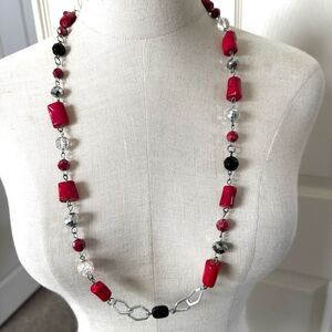 coral black and crystal  beaded silver tone necklace
